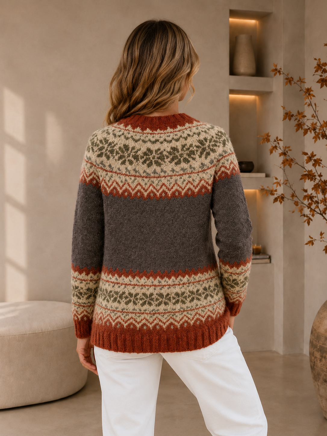 Grey patterned knit cardigan women worn back view