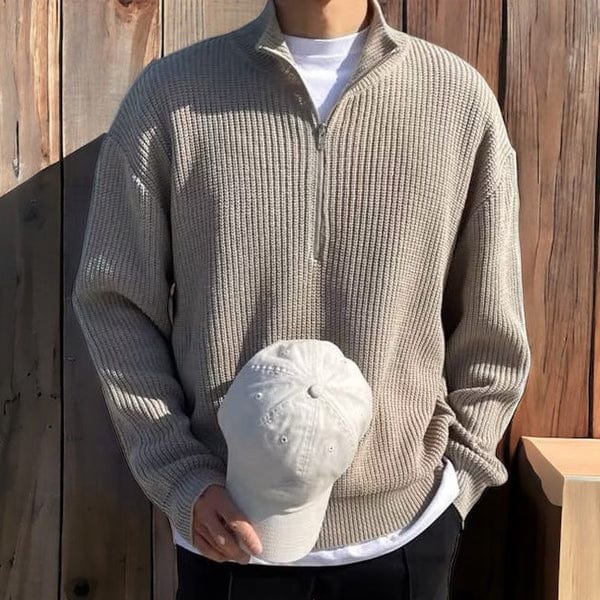 Close-up of half-zip closure and ribbed knit texture on men's cotton blend sweater