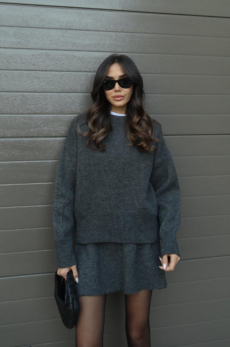 Knitted sweater and mini skirt set for women, casual autumn-winter outfit, side or alternate angle