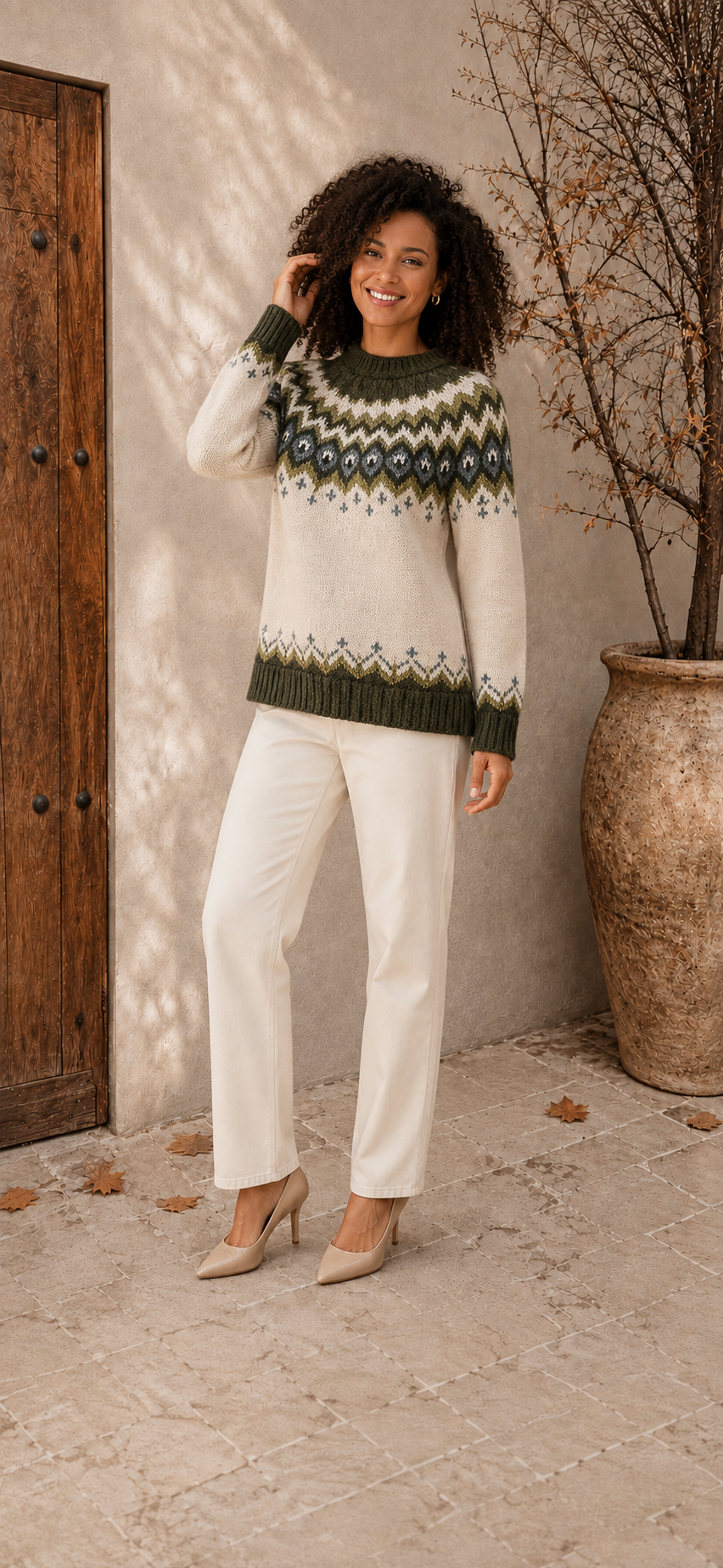 Nordic knit sweater women green patterned outfit