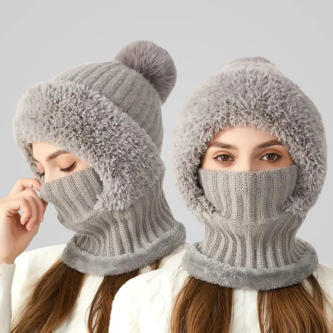 Women's knitted balaclava with ribbed texture and plush lining, front view