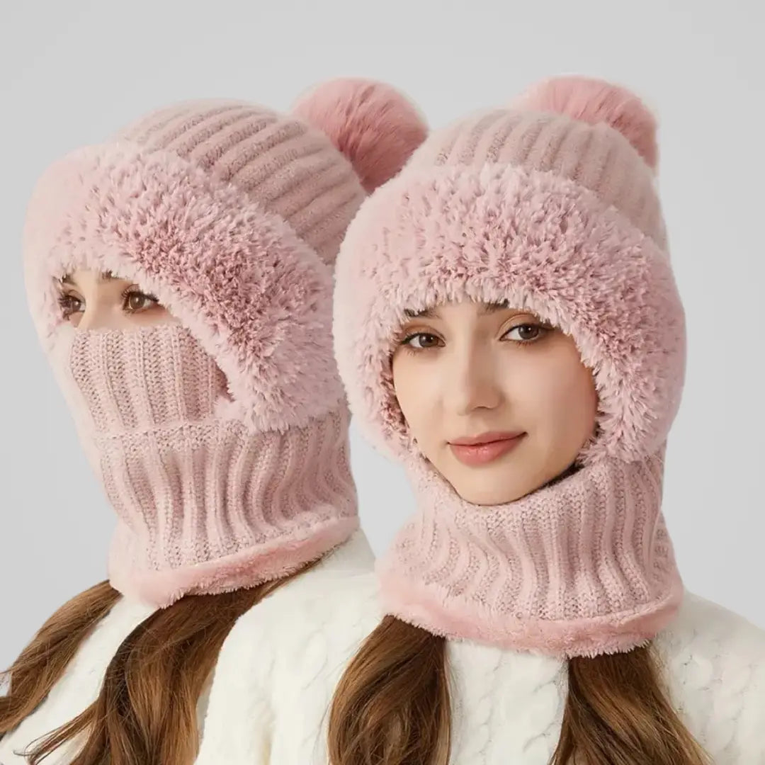 Women's winter balaclava in knitted synthetic fabric with plush lining, three-quarter view