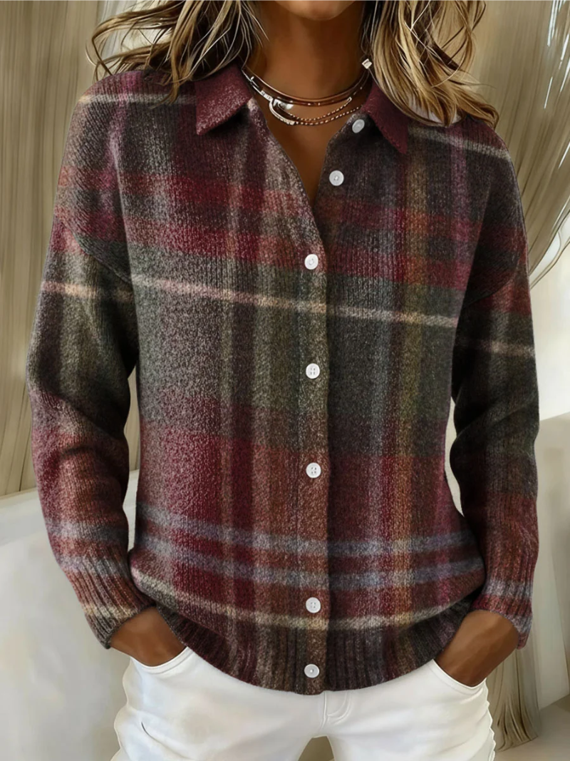 Women's wool-blend plaid knitted cardigan with button closure