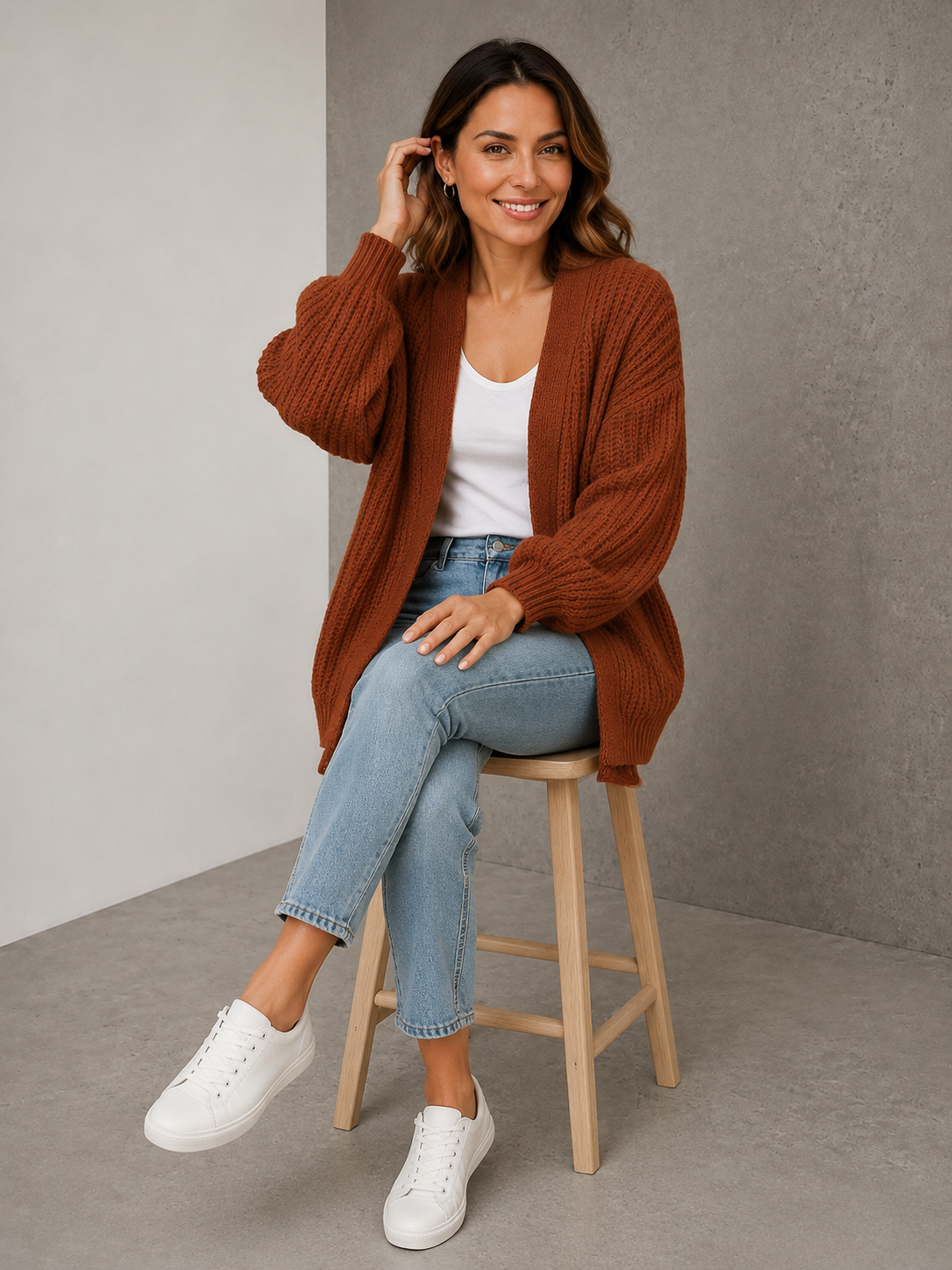 Brown chunky knit cardigan women