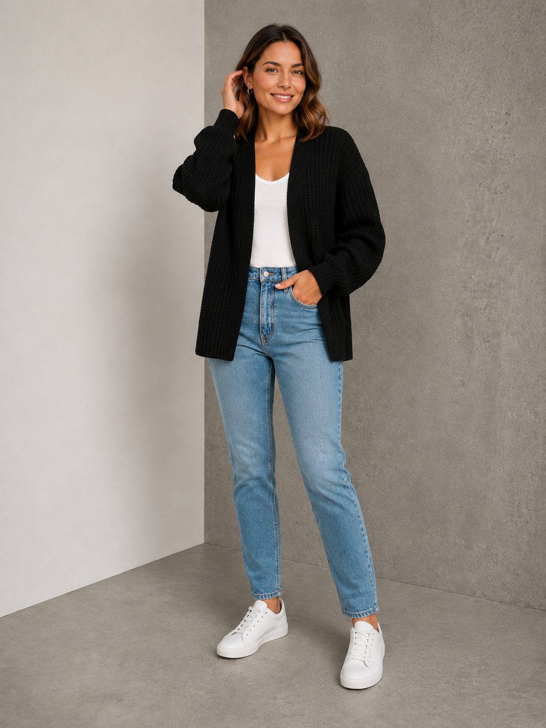 Black chunky knit cardigan women long sleeves
