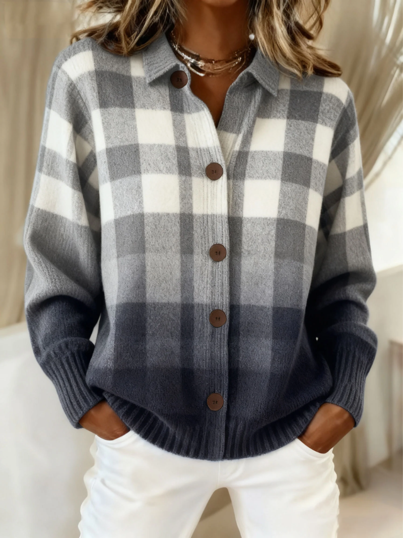 Wool-blend plaid knitted cardigan with button closure for women