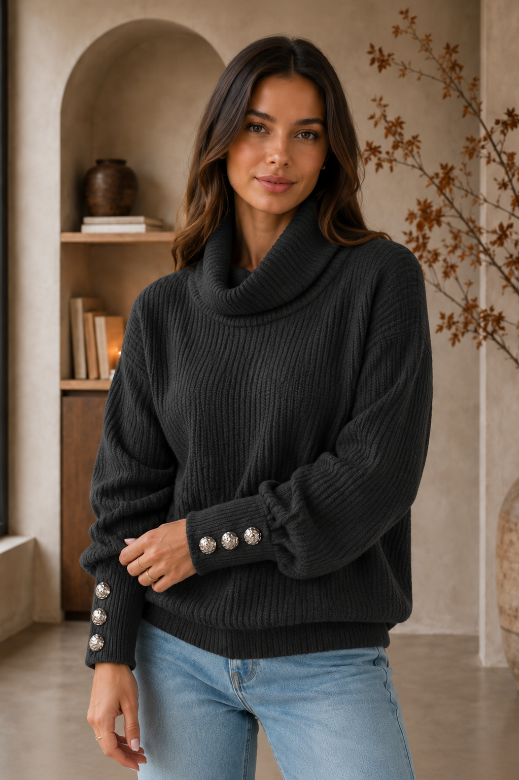 Black wool blend turtleneck sweater women