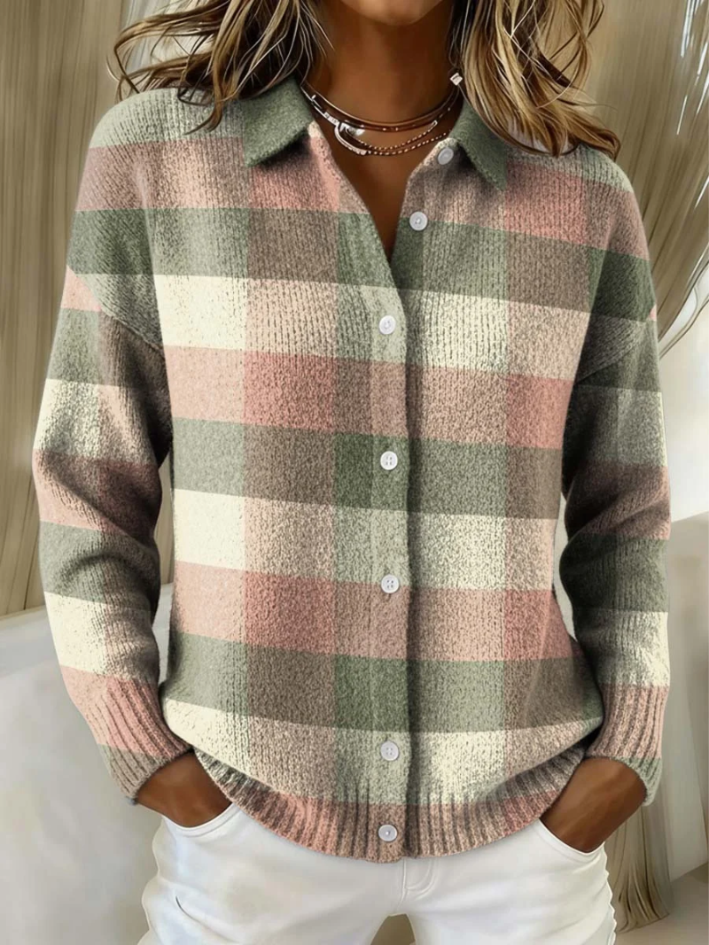 Women's cotton-blend plaid knitted cardigan with front button closure and classic collar