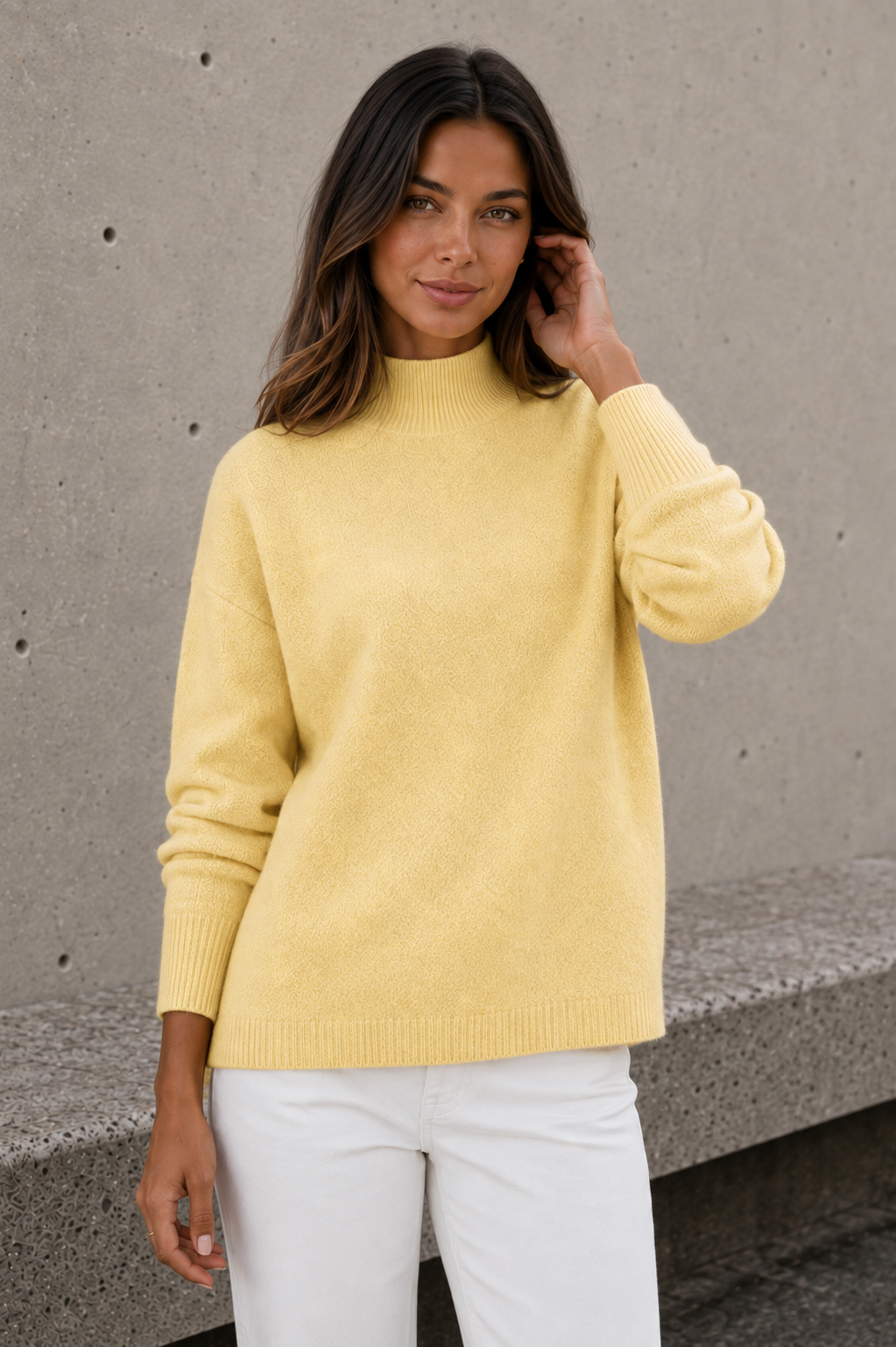 Knitted cotton blend sweater for women with high neckline and regular length