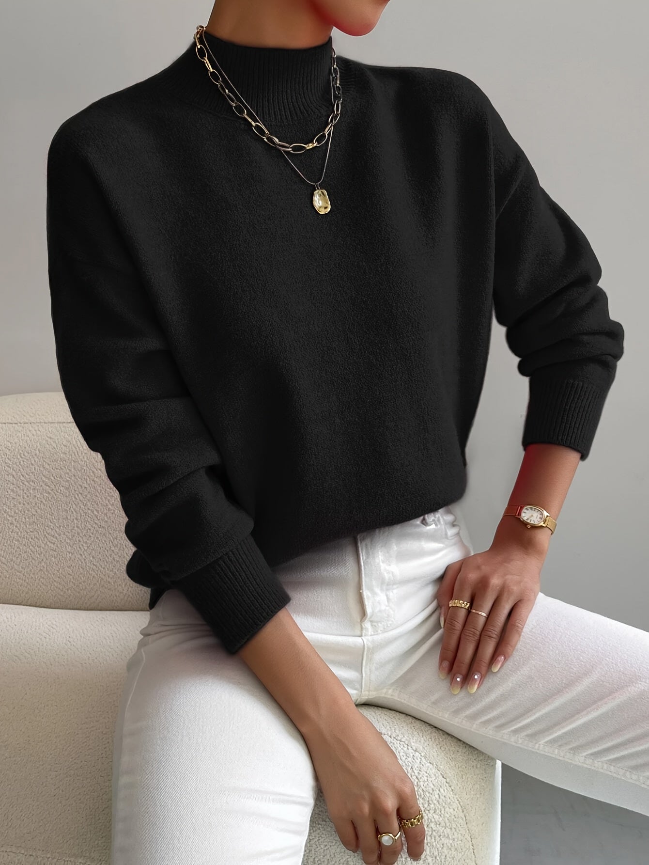 High neck knitted sweater for women in cotton blend with structured feel