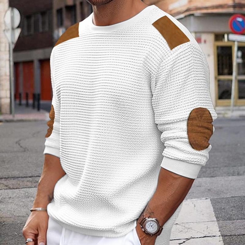 Men's textured knit sweater with contrast shoulder detail, crew neck, regular fit