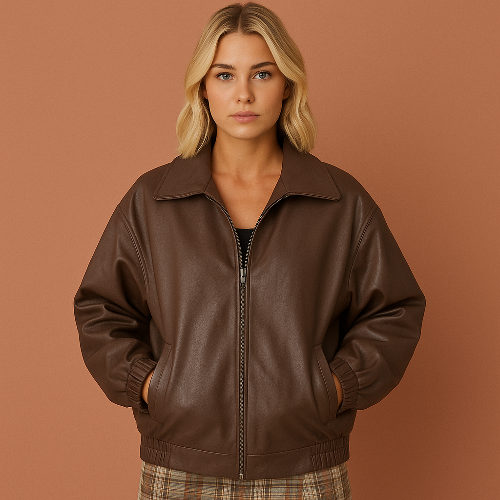 Women's faux leather bomber jacket with front zipper, wide collar, and elastic cuffs