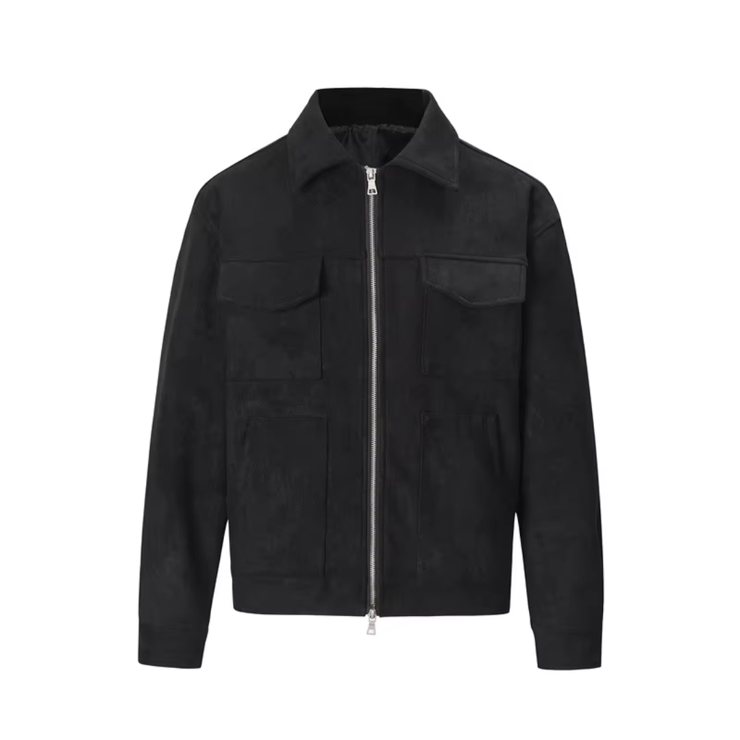 Men's zip-up jacket front view showing full-length zipper closure and structured collar