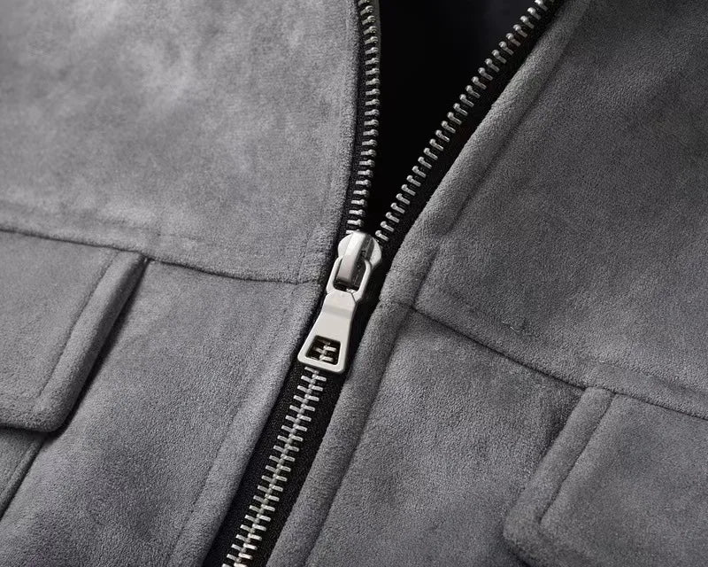 Grey zip-up jacket for men with shirt collar and structured cotton-polyester construction