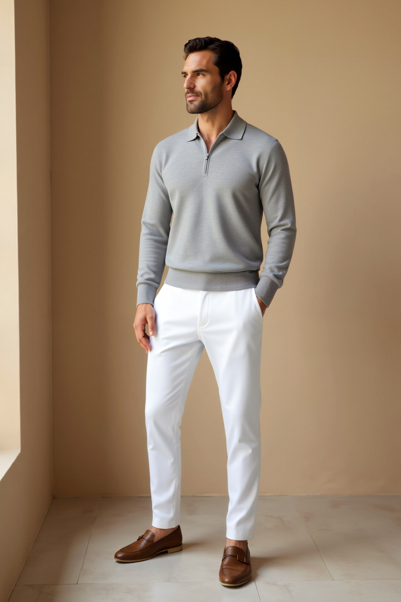 Men's knit sweater with short zipper and long sleeves, spring and summer weight fabric