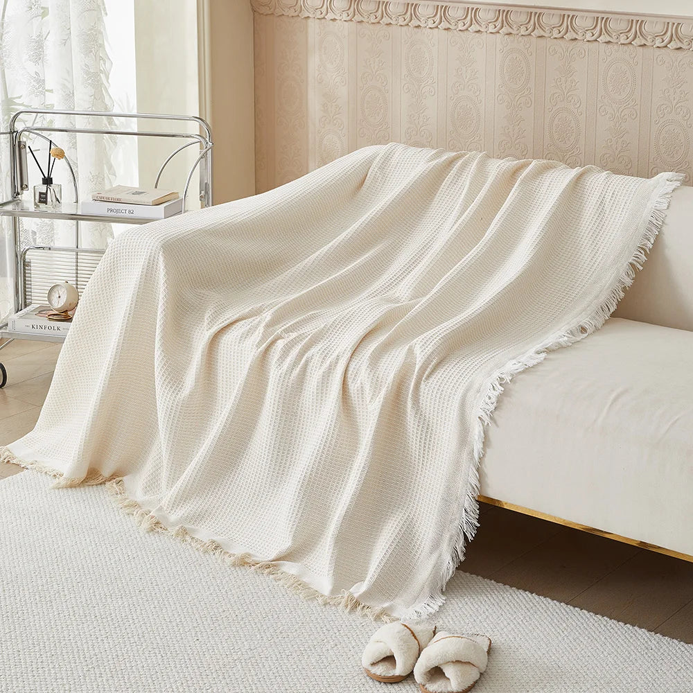 Waffle texture sofa cover covering full sofa with neat drape