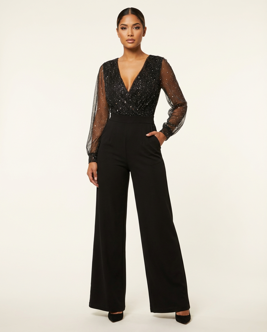 Women's V-neck jumpsuit with long sheer sleeves and wide-leg trousers