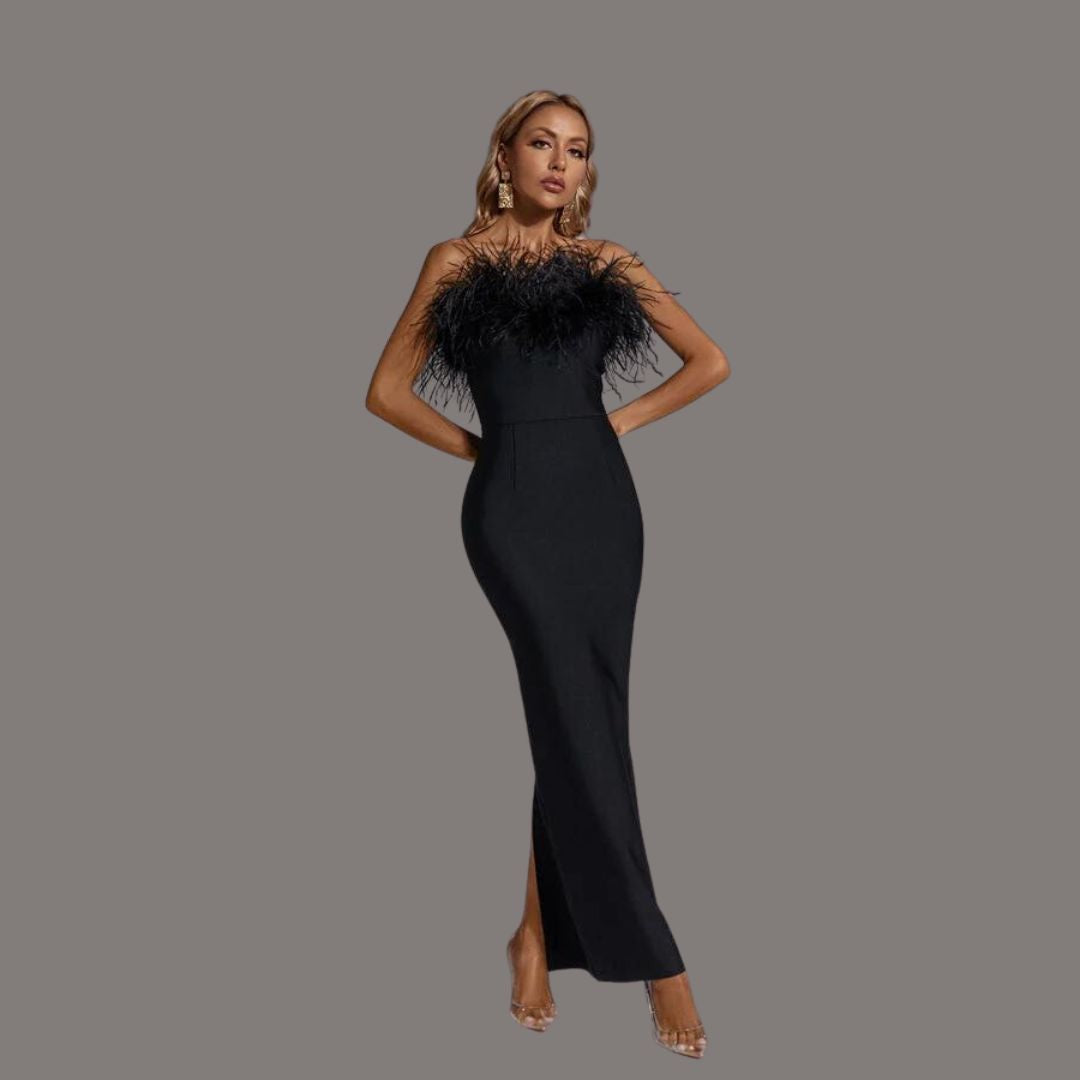 Women's strapless feather-trim maxi dress in a form-fitting silhouette