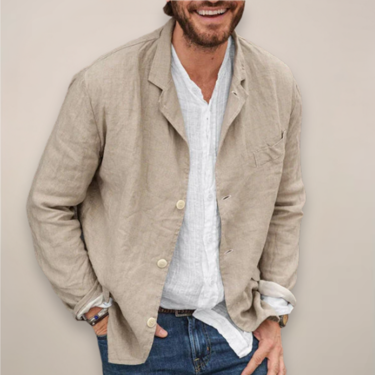 Men's lightweight woven jacket with button closure, classic collar, and chest pocket