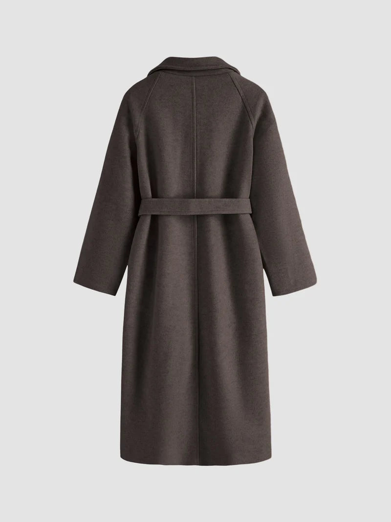 Women's long polyester coat with lapel collar and cinched waist belt, back or detail view
