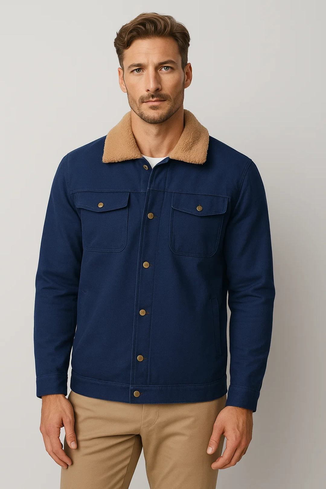 Men's autumn winter jacket with shearling-look collar, regular fit, and reinforced seam detailing