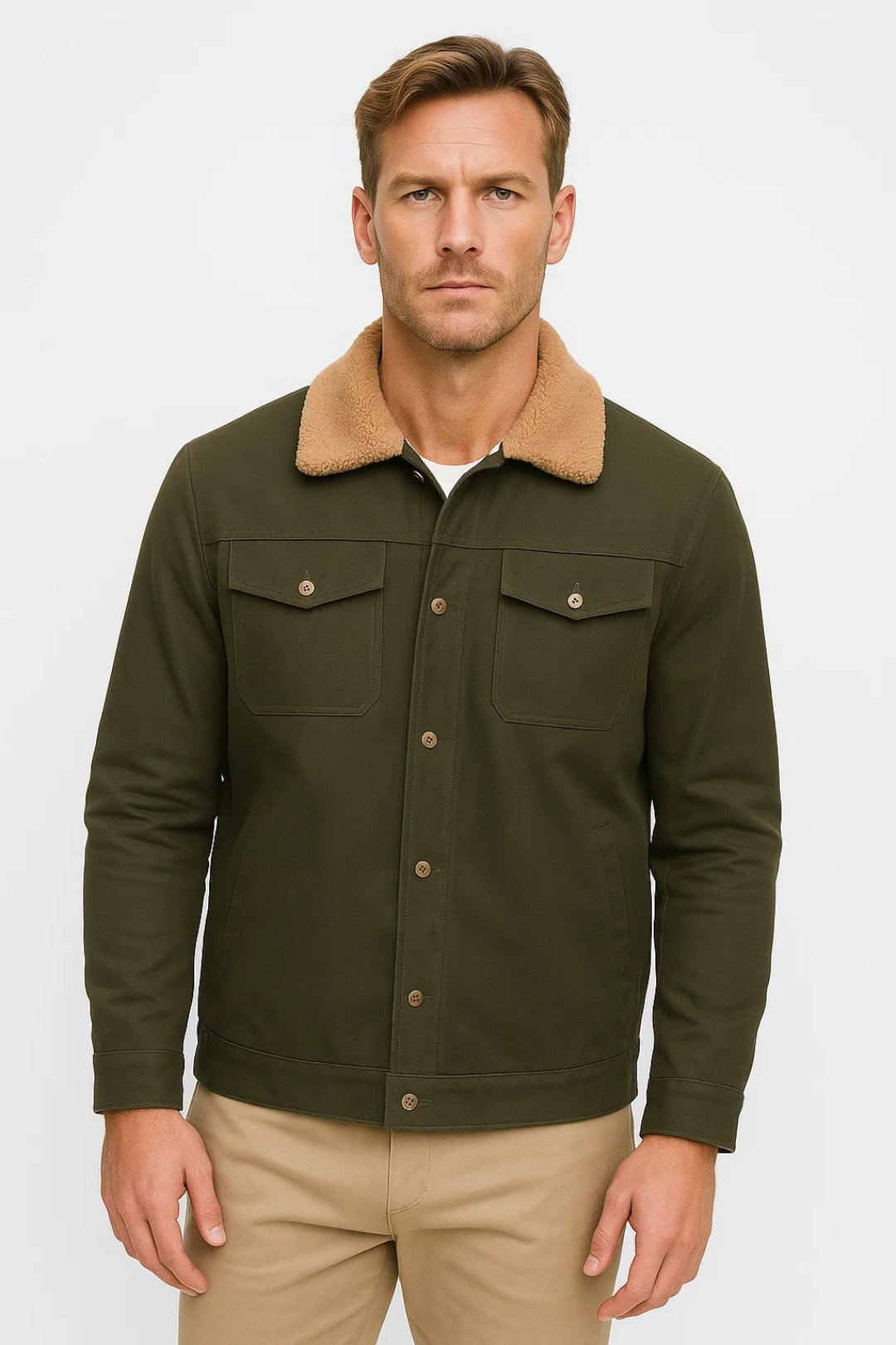 Men's regular-fit button-up jacket with shearling-look lined collar, front button closure, flap chest pockets, and reinforced seam paneling