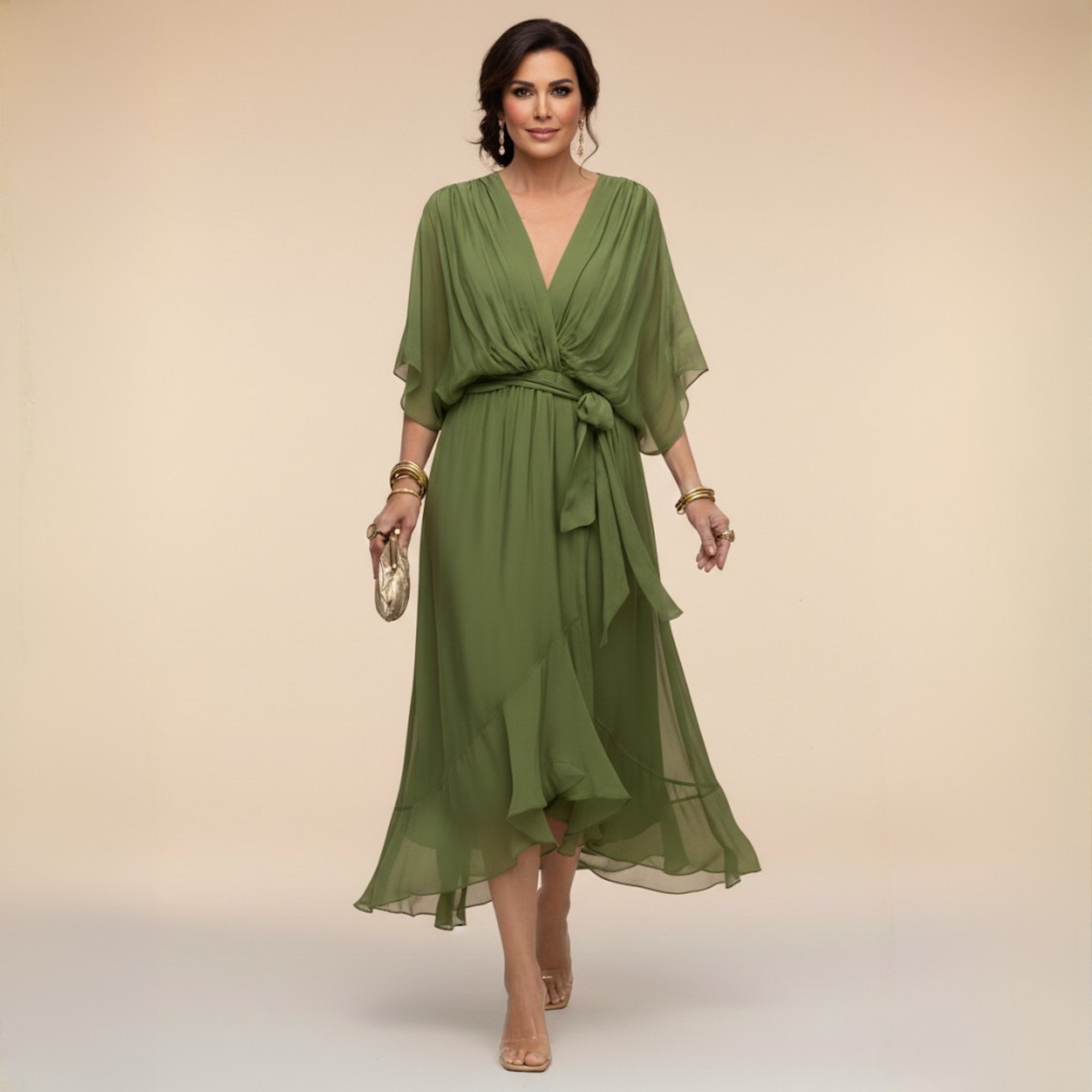 Women's draped wrap midi dress with V-neckline, adjustable tie waist, and layered hem