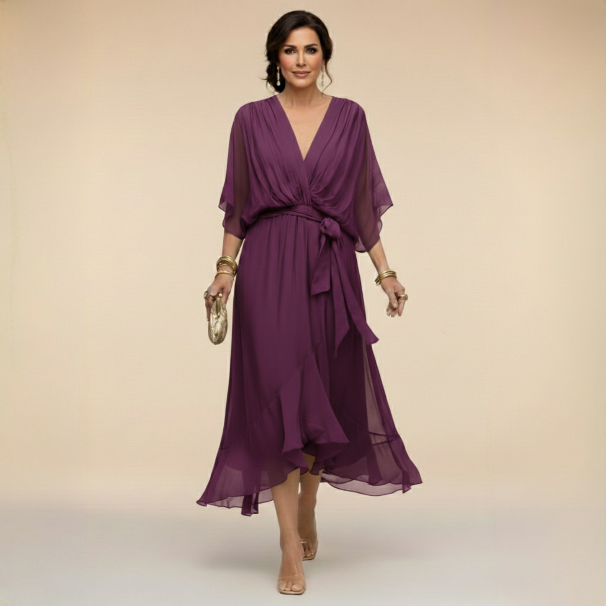 Draped wrap midi dress with tie waist and layered asymmetric hem for women
