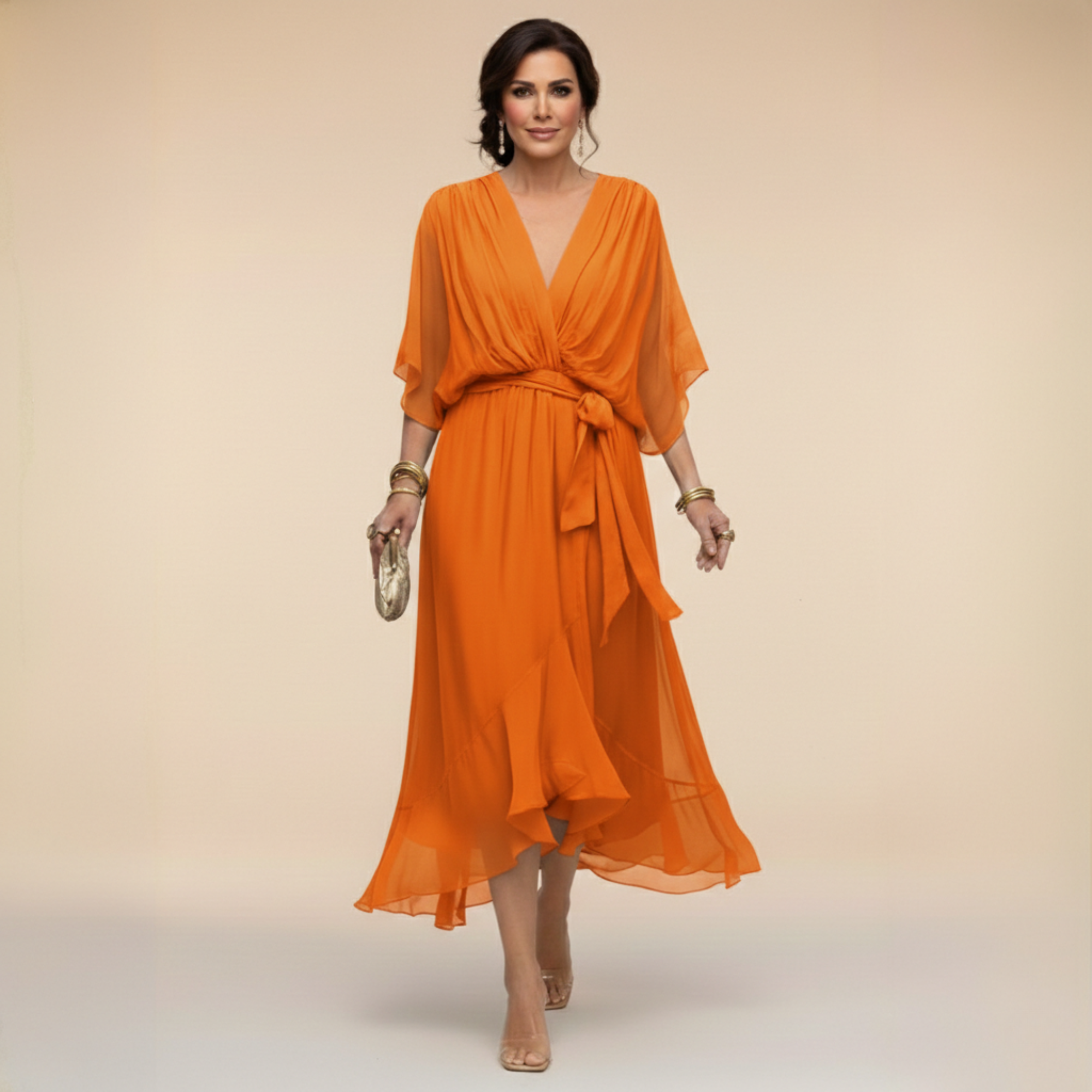 Women's draped wrap midi dress with V-neckline, knotted waist, and layered hem