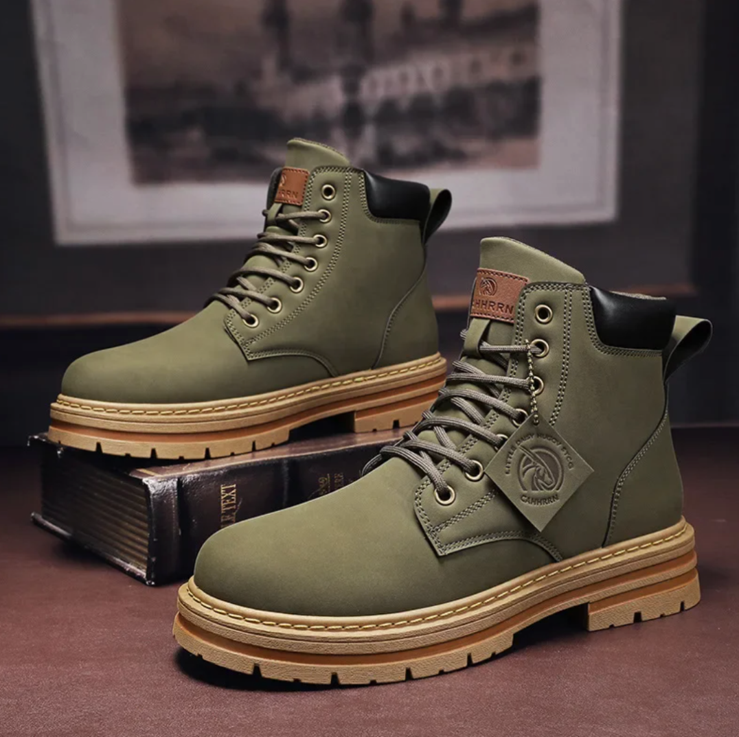 Men's lace-up ankle boots — rear view showing padded high-top collar and heel construction