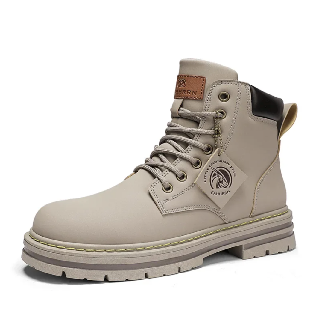 Men's lace-up boots — detail shot of front lacing and PU leather upper texture