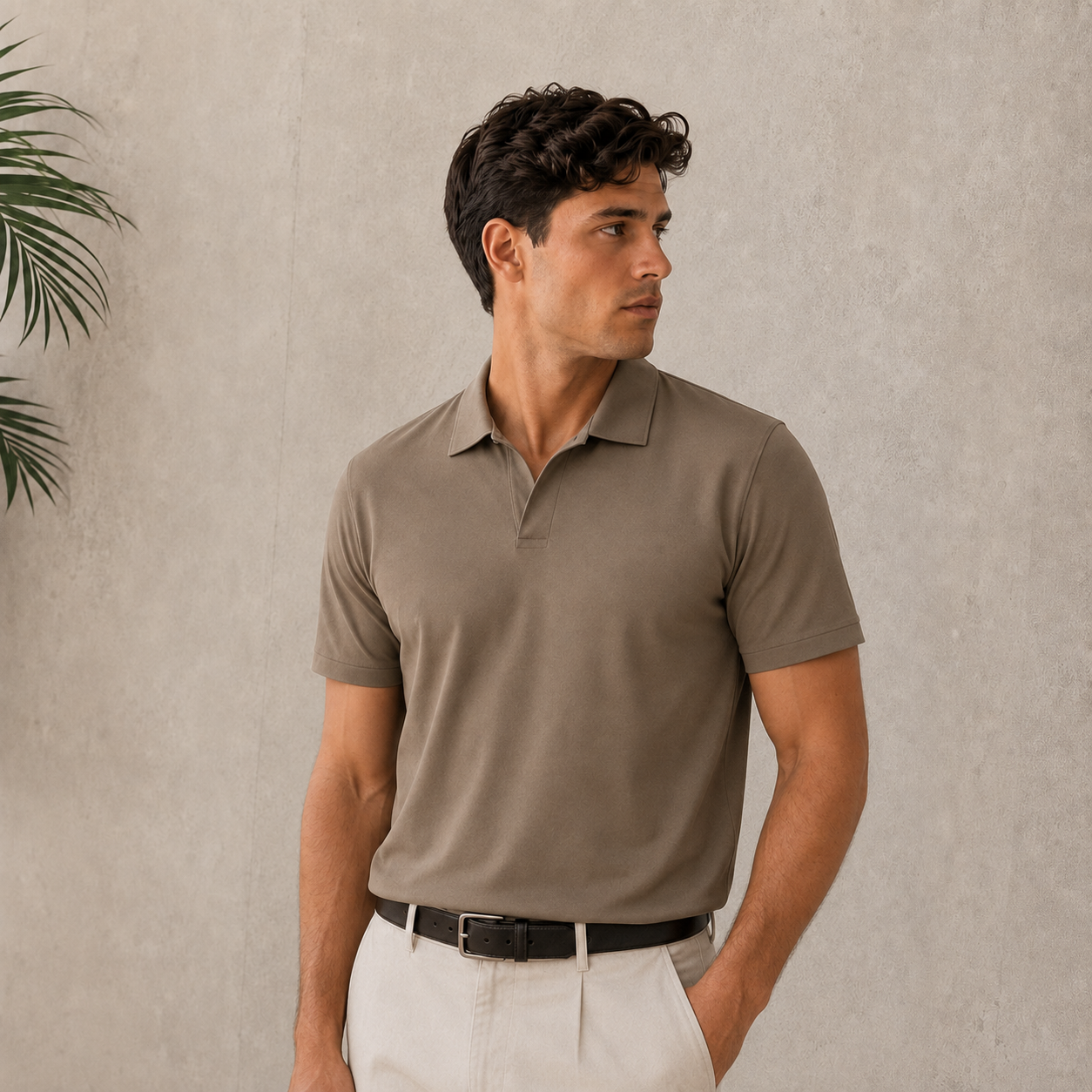 Men's taupe minimalist polo shirt back view