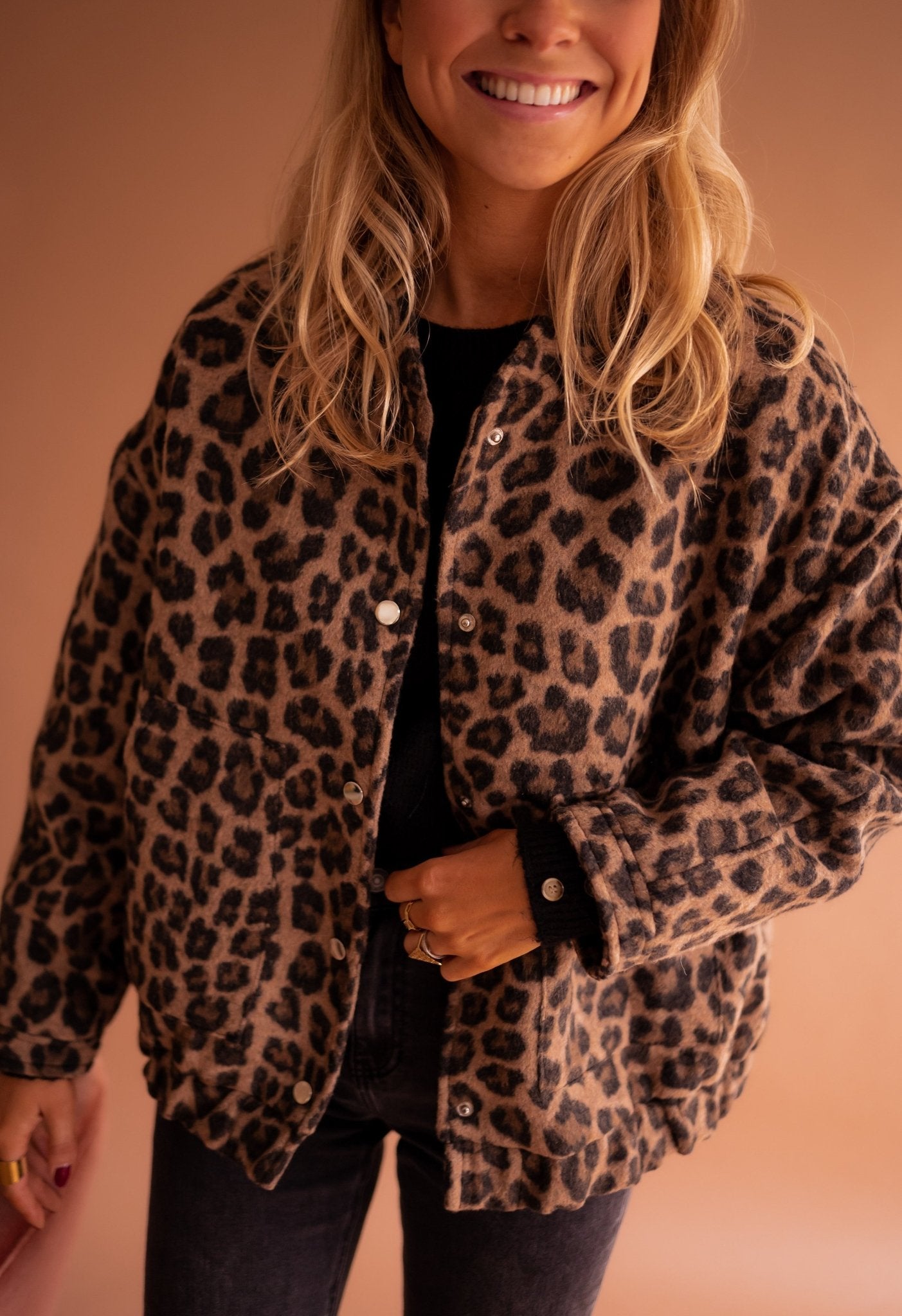 Women's leopard print jacket, front view, relaxed fit with shirt collar