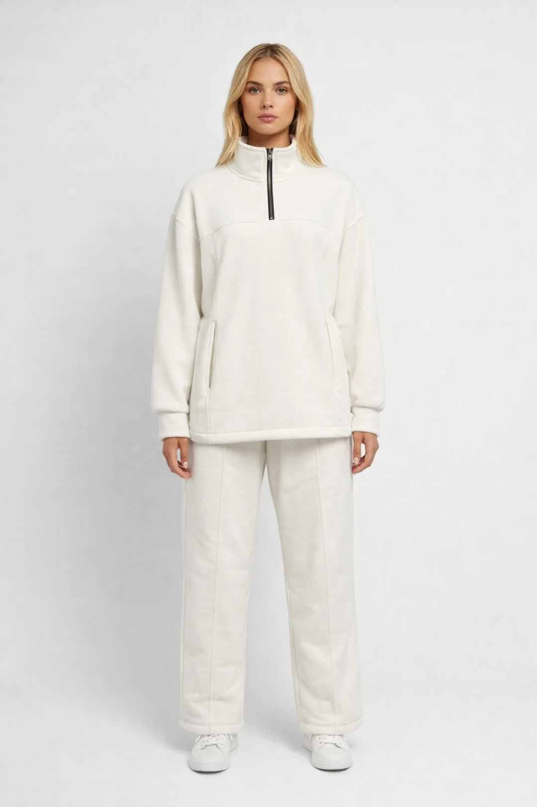 Women's two-piece lounge set with half-zip high-neck top and straight-leg pants