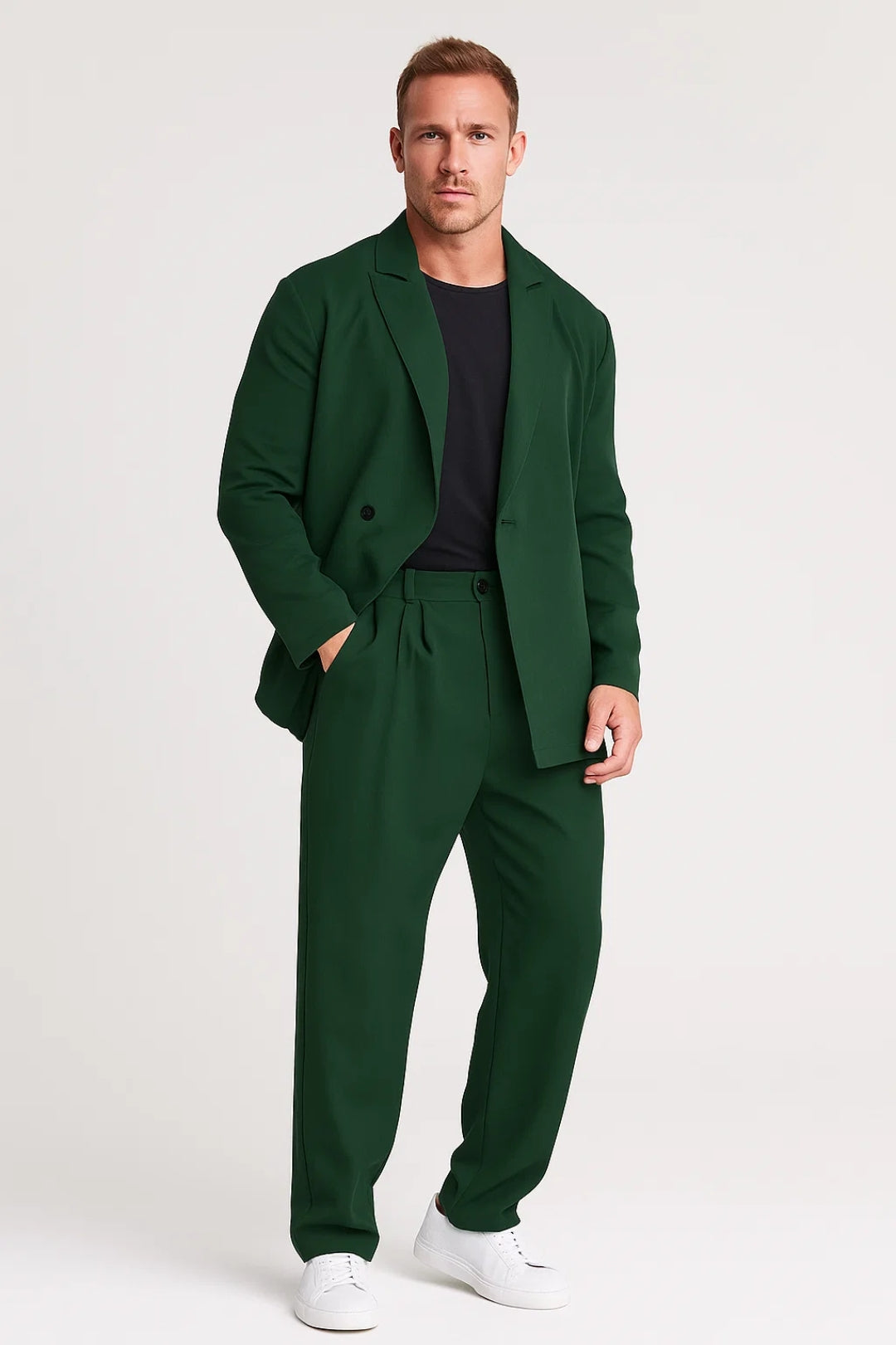 Men's two-piece blazer and trousers set with lapel collar and relaxed straight-leg fit