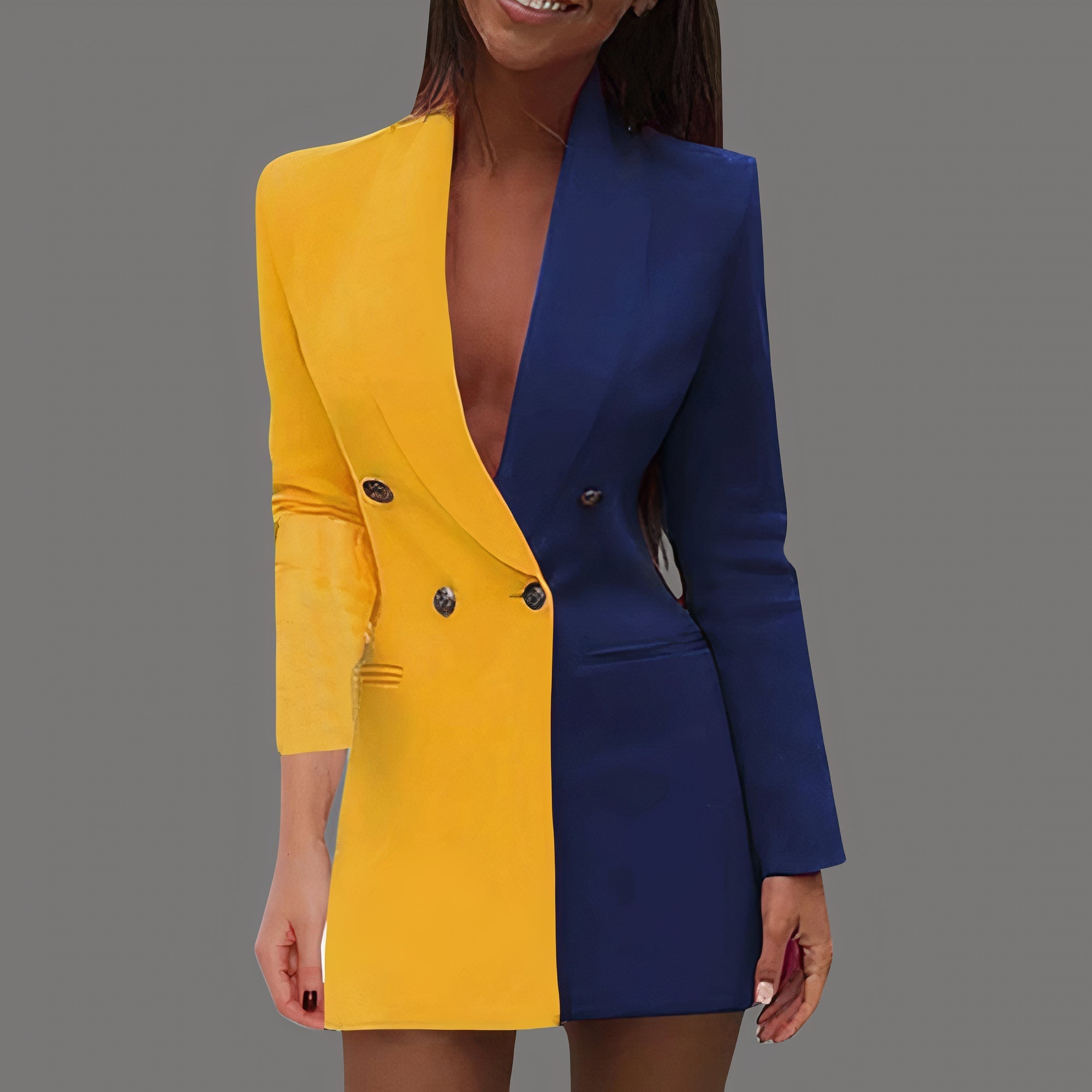 Women's structured mini blazer dress with tailored silhouette, long sleeves, and two-tone design
