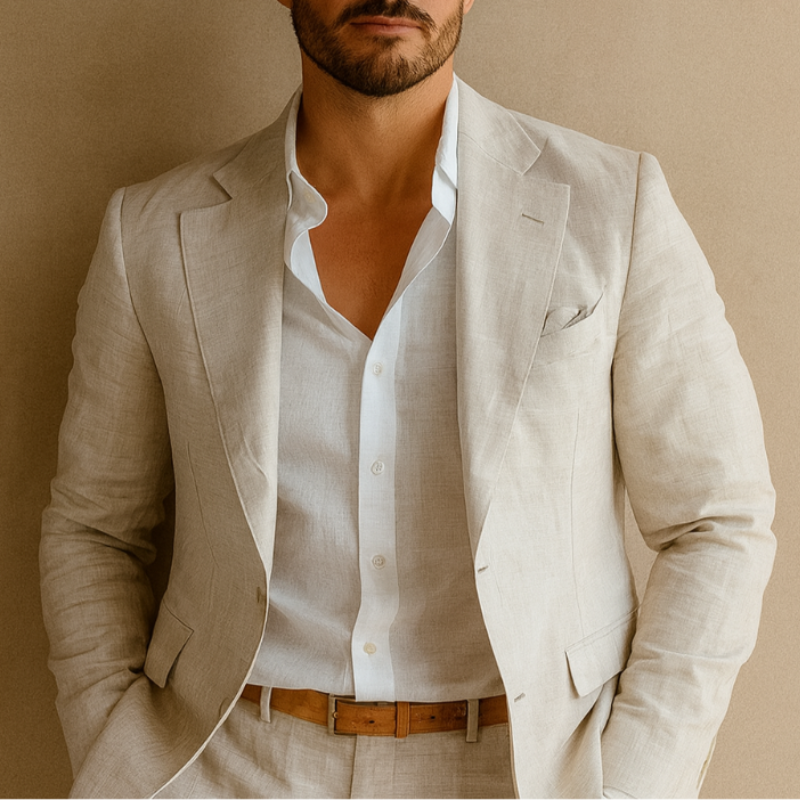 Men's tailored linen-blend blazer with lapel collar and front flap pockets