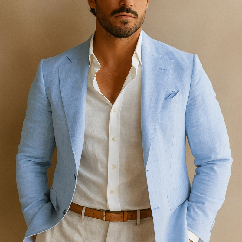 Slim-fit men's linen-blend blazer with structured lapel and button closure