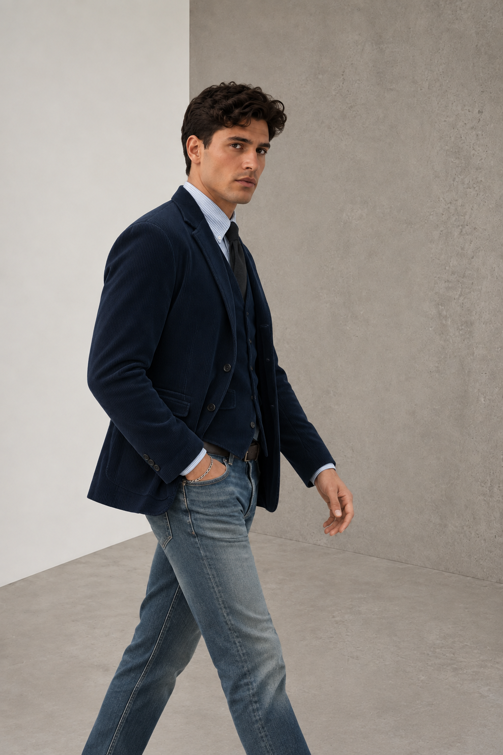 Blue corduroy jacket men side view