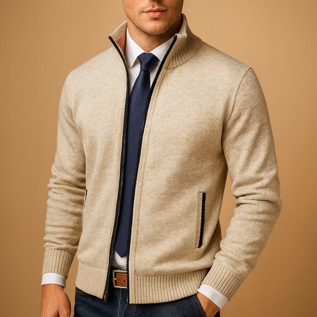 Wool-blend knit zip jacket for men with full-length zipper and stand-up collar