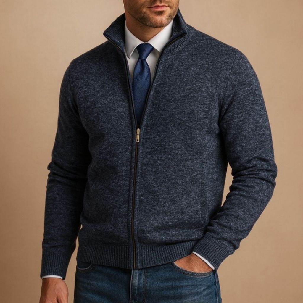 Men's wool-blend zip jacket featuring a textured knit and stand-up collar