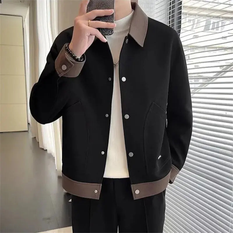 Regular fit men's snap-button jacket with contrasting collar and cuffs