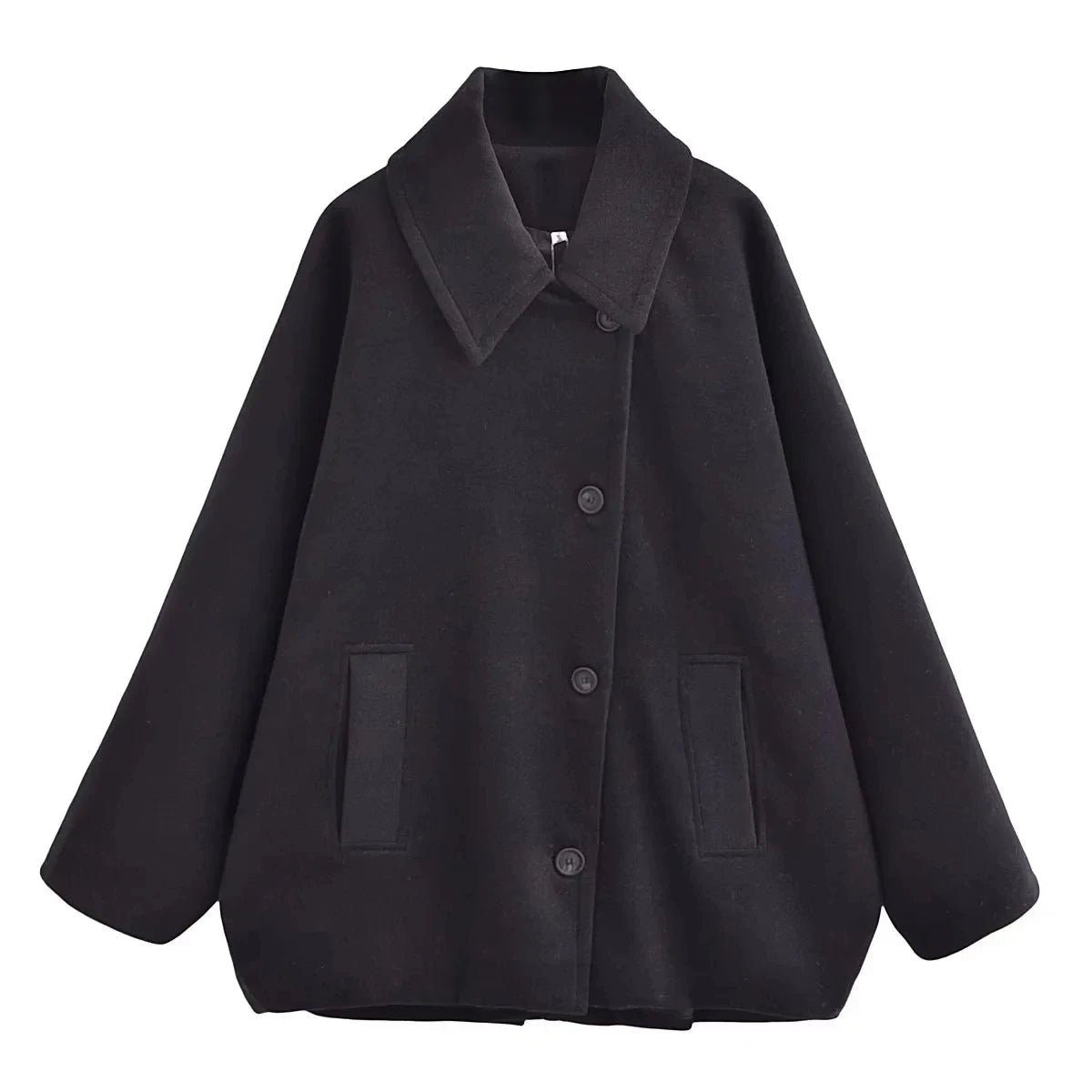 Women's oversized short wool-blend coat with classic lapel collar and button closure
