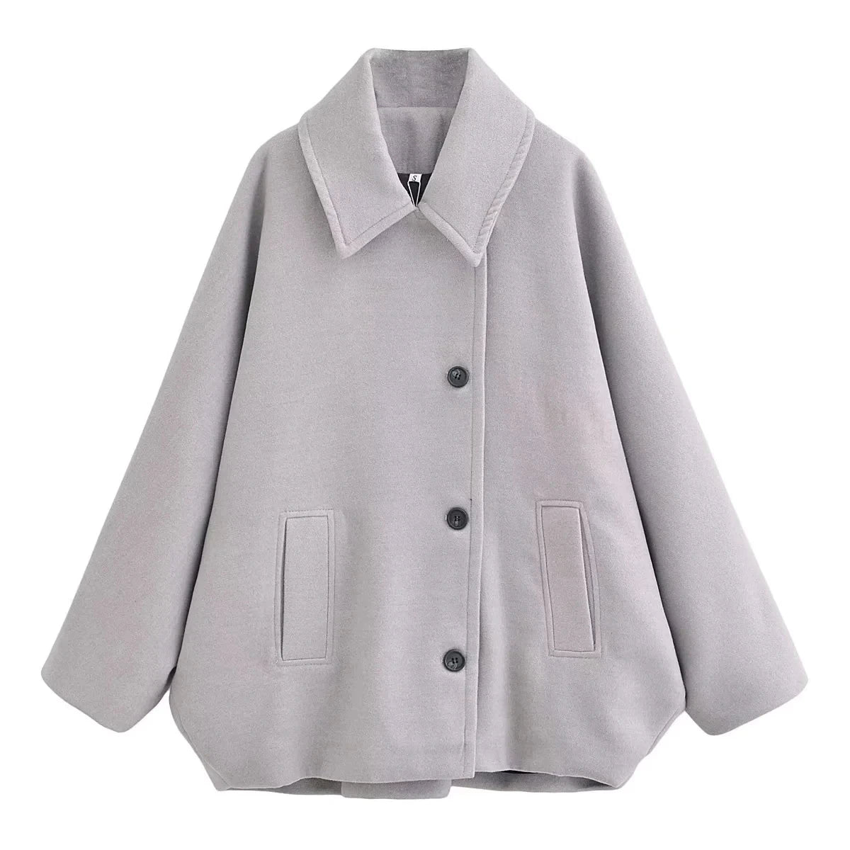 Women's oversized short wool-blend coat with structured lapel collar and hip-length silhouette