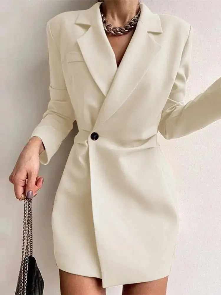 Women's tailored blazer dress in woven fabric with lapel collar and single-button front closure