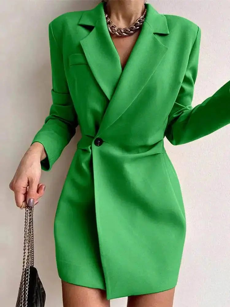 Women's structured blazer dress with lapel collar in smooth woven fabric for evening occasions