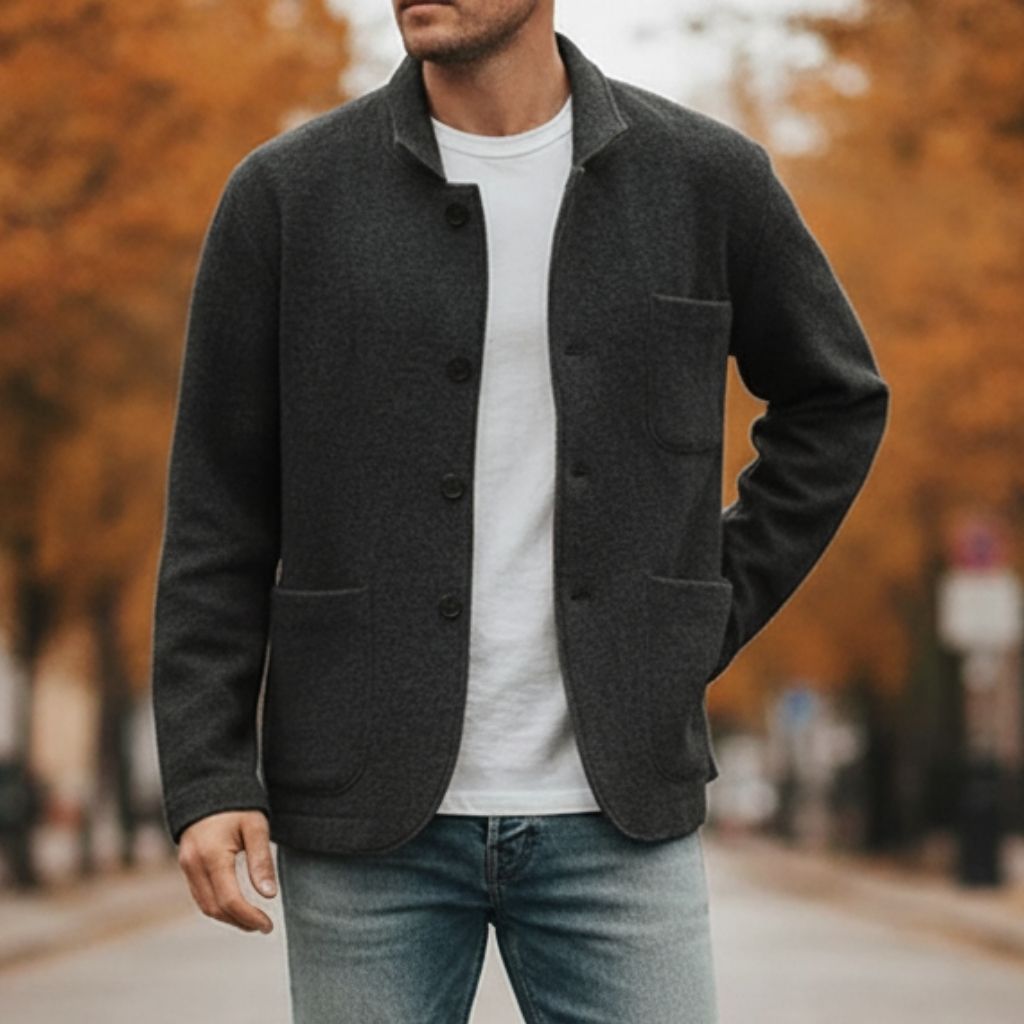 Men's button-up knitted jacket showing chest pocket detail