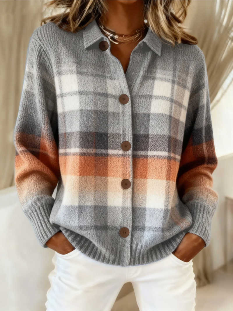 Women's wool-blend plaid knit cardigan with front button closure