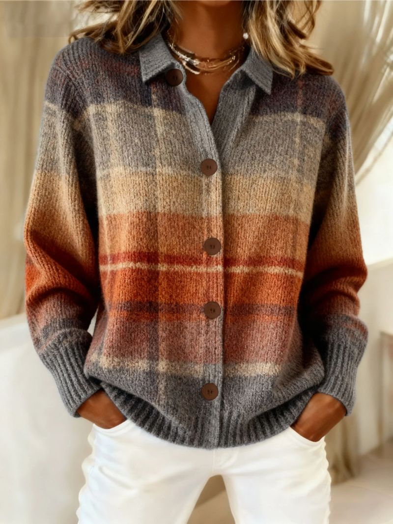 Women's soft knitted plaid cardigan with front button closure and ribbed cuffs
