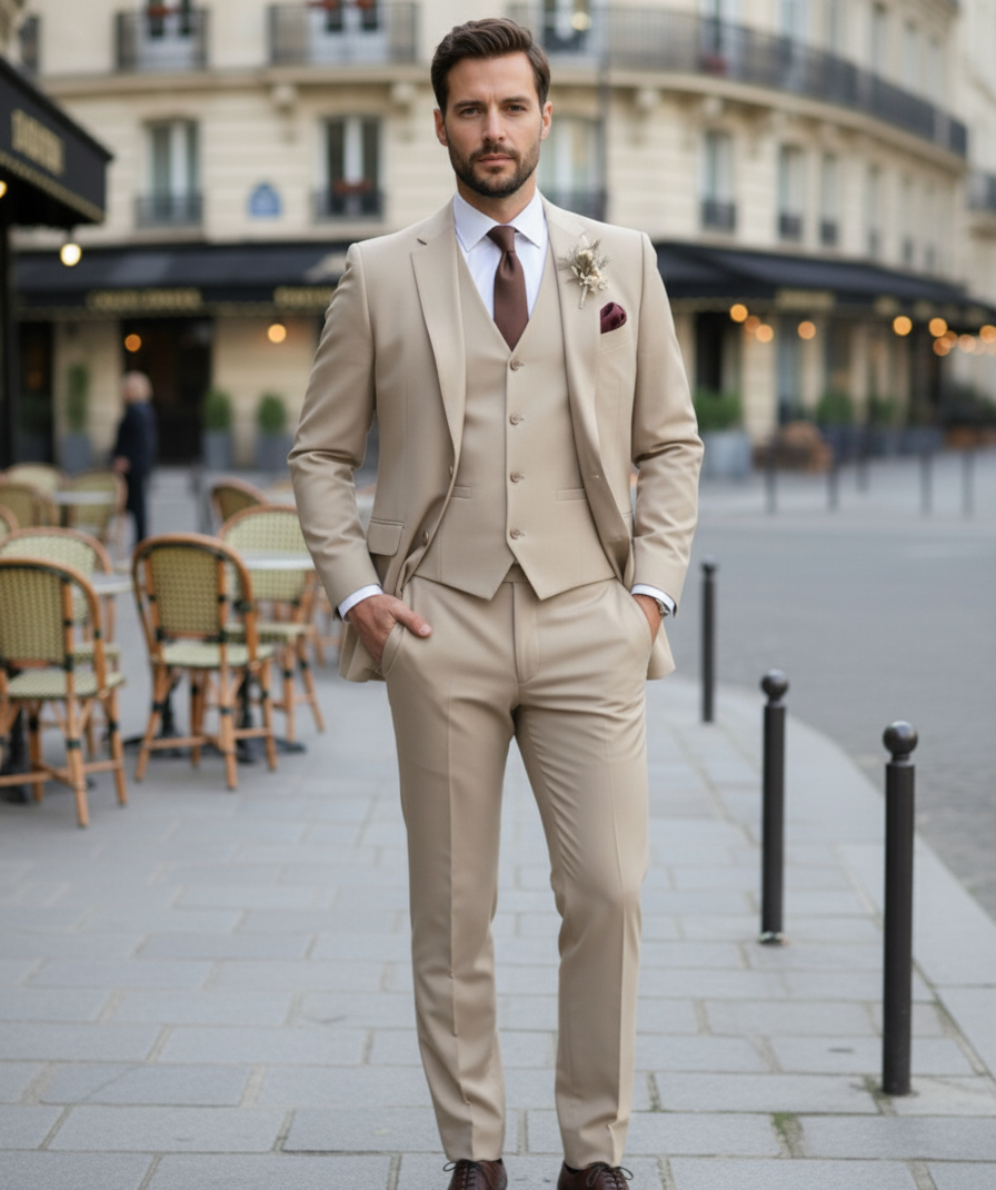 Men's formal 3-piece suit set in slim tailored fit — jacket, vest, and matching trousers